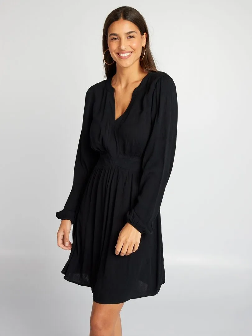 VESTIDO PLISADO DE MANGA LARGA  NEGRO