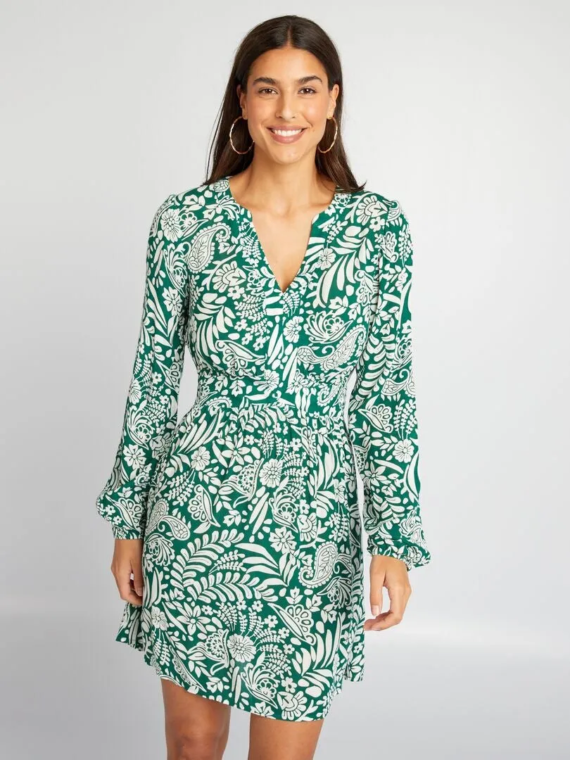 VESTIDO PLISADO DE MANGA LARGA  VERDE