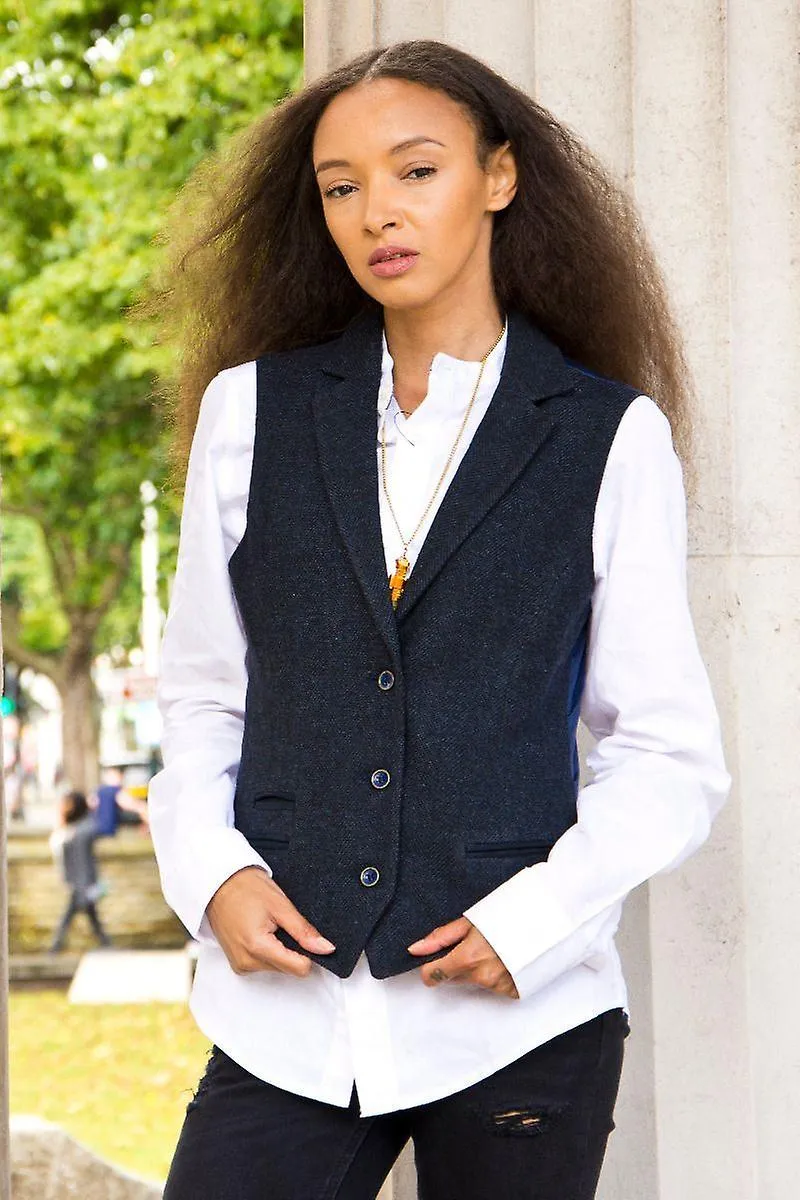 WOMENS TWEED 1920S HARRINGBONE NAVY WAISTCOAT  CHEYENNE